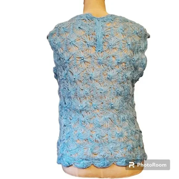 Vintage 60s sleeveless blue knit top small - Picture 3 of 10